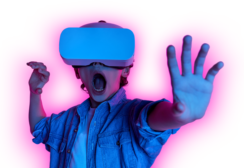 Boy with vr head gear looking surprised
