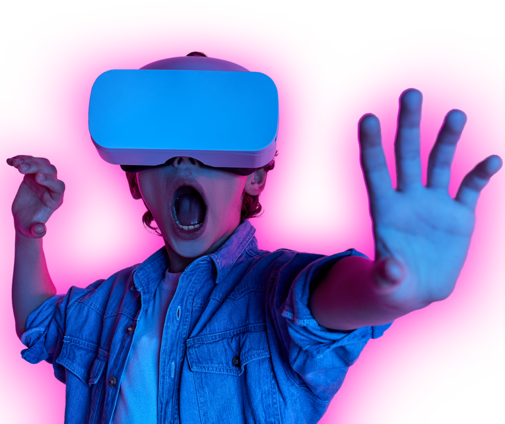 Boy with vr head gear looking surprised