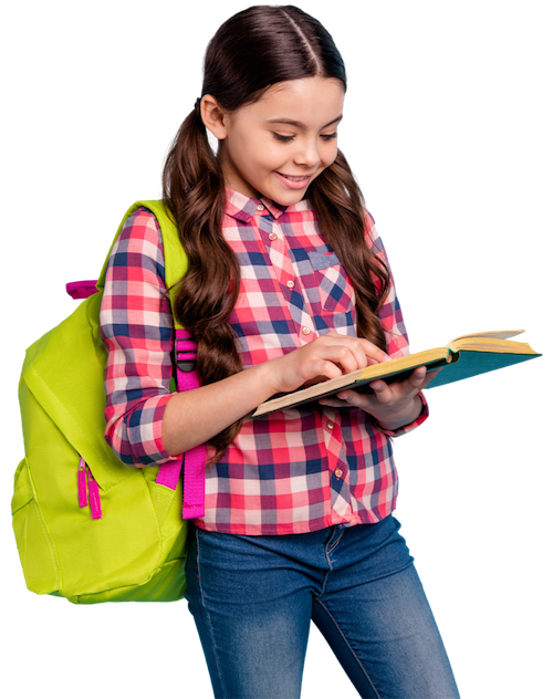 Girl wearing neon backpack looking down at a text book