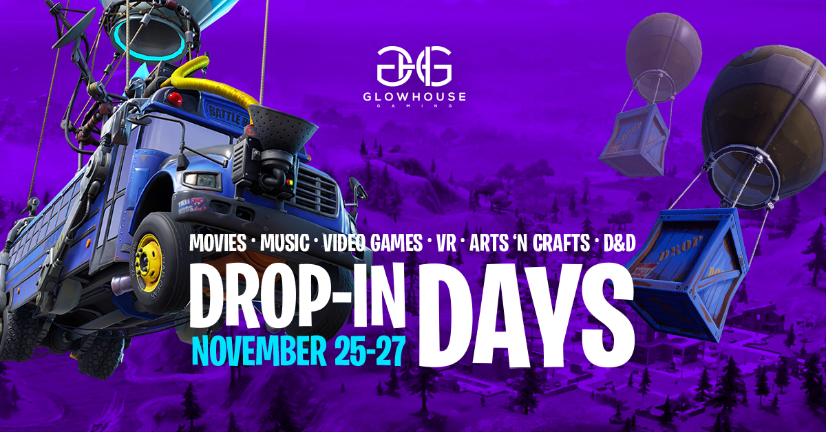 fortnite drop in days on november 25 through 27 featuring music, movies, video games, vr, arts 'n crafts, and d&d