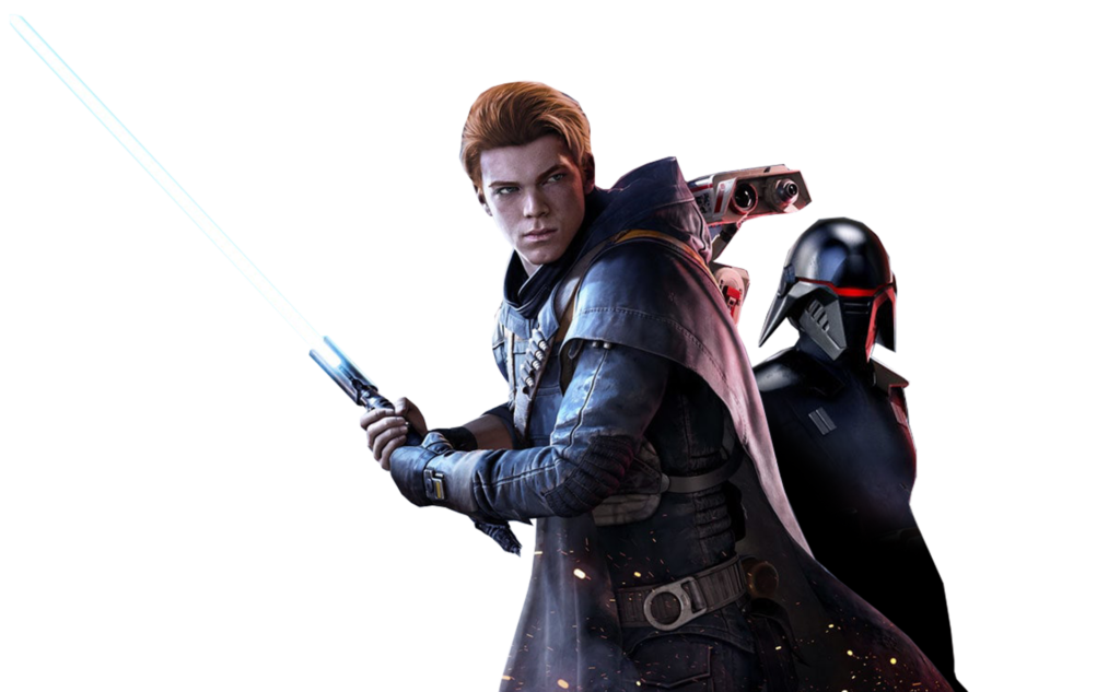 Characters from star wars jedi fallen order holding a lightsaber
