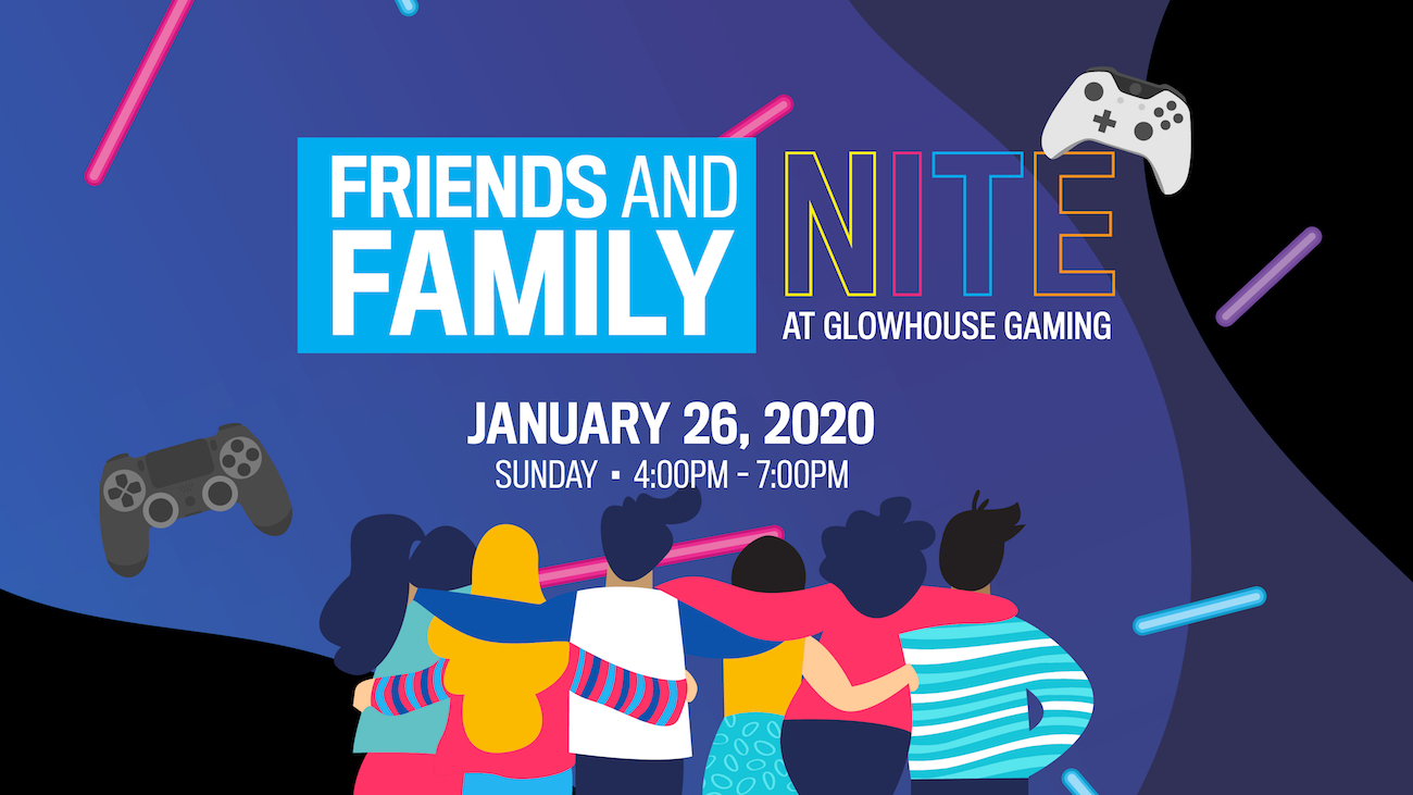 six people with the back turned with arms around each other looking at the glowhouse gaming friends and family nite