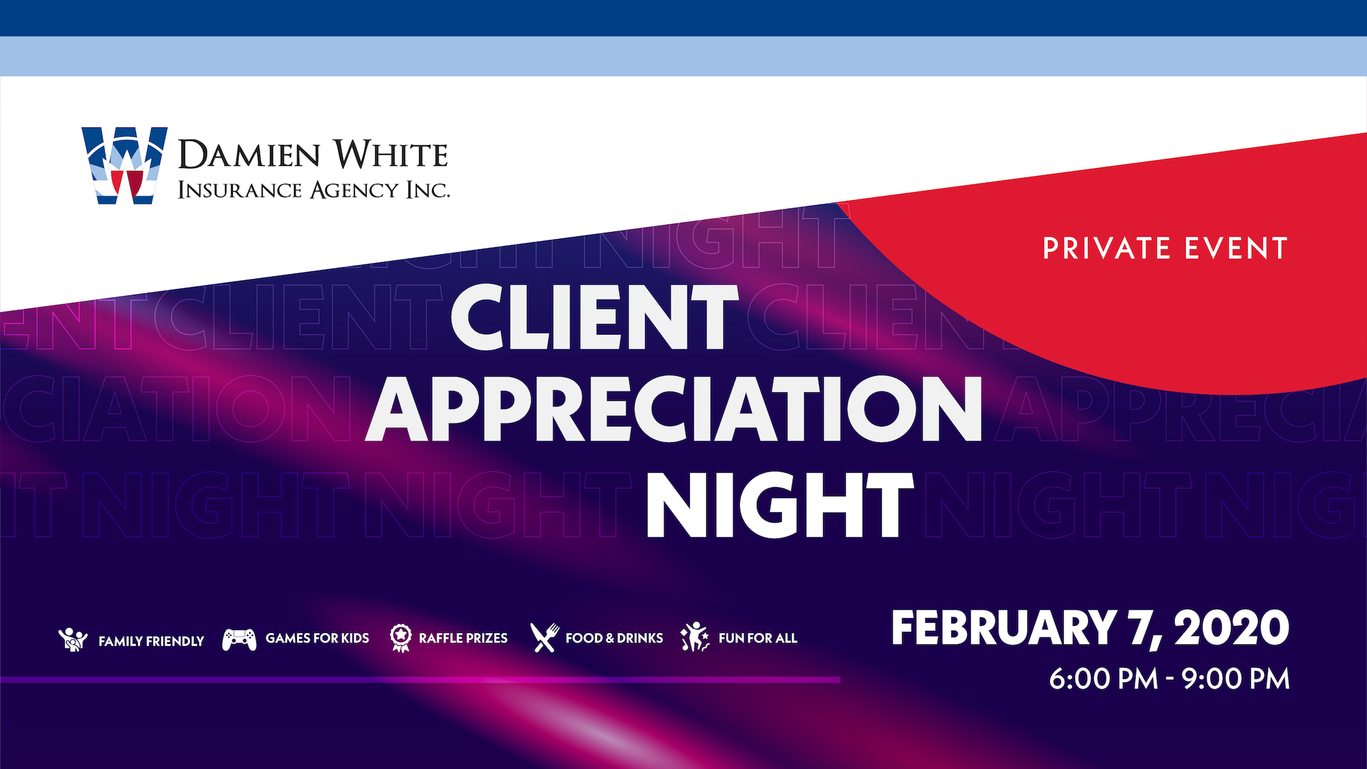 damien white insurance agency client appreciation night poster